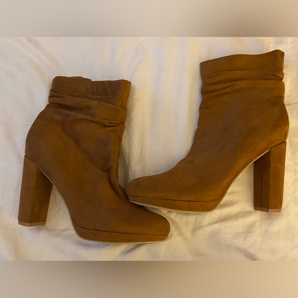 Forever | light brown suede heeled boots | Size: 8.5 |